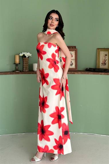 Toptan Sarı Boyundan Fularlı Elbise