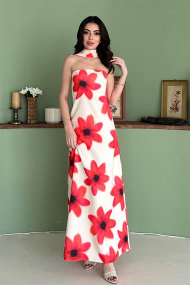 Toptan Sarı Boyundan Fularlı Elbise