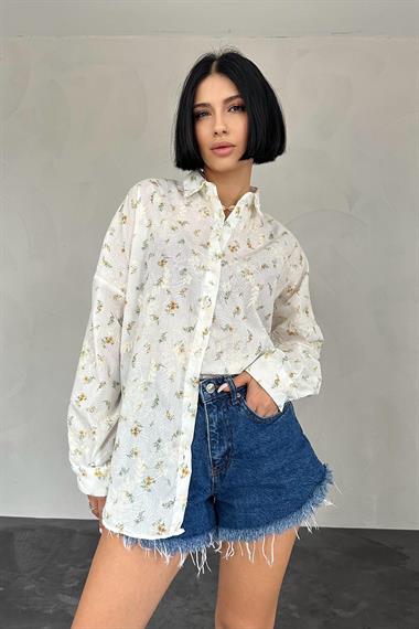 Toptan Sarı Brode Çiçek Nakışlı Klasik Gömlek