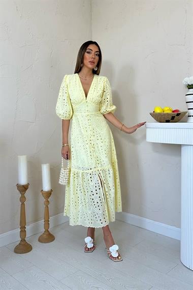 Toptan Sarı Büzgü Detaylı Dantelli Brode Elbise