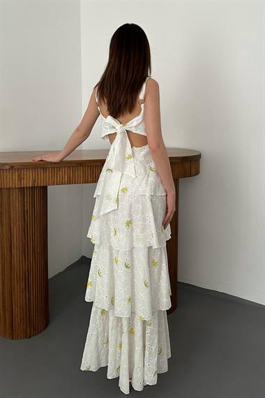 Toptan Sarı Çiçek Desenli Kat Kat Arkası Bağlamalı Elbise