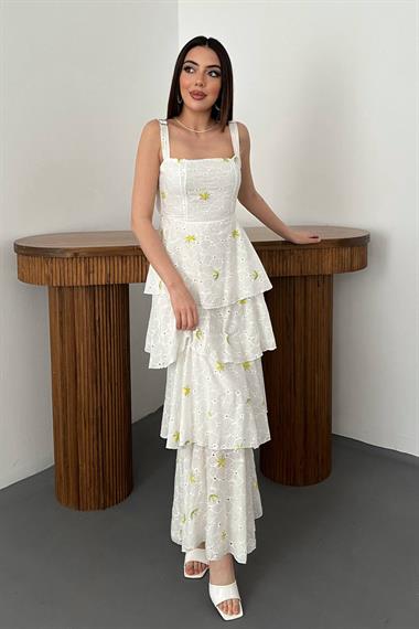 Toptan Sarı Çiçek Desenli Kat Kat Arkası Bağlamalı Elbise