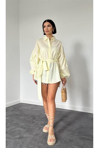 Toptan Sarı Çizgili Poplin Kuşaklı Gömlek