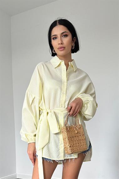 Toptan Sarı Çizgili Poplin Kuşaklı Gömlek