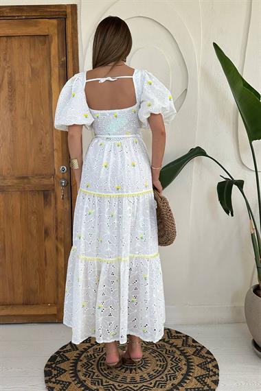 Toptan Sarı Dantel Detaylı Brode Elbise