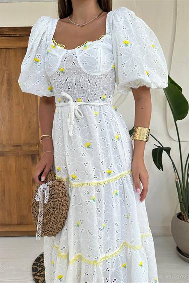 Toptan Sarı Dantel Detaylı Brode Elbise