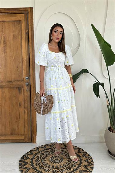 Toptan Sarı Dantel Detaylı Brode Elbise