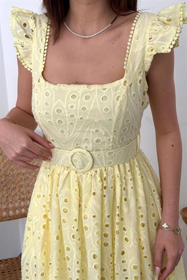 Toptan Sarı Dantelli Brode Elbise