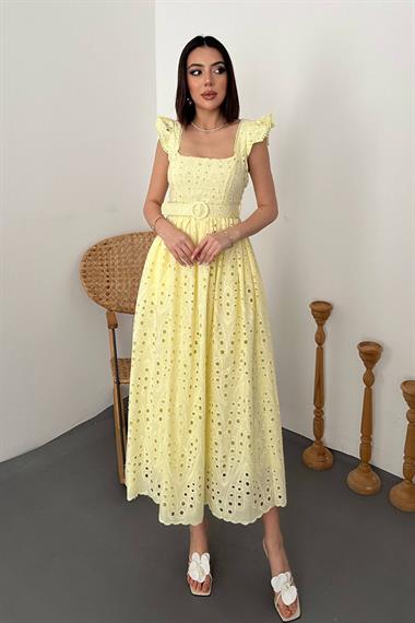 Toptan Sarı Dantelli Brode Elbise