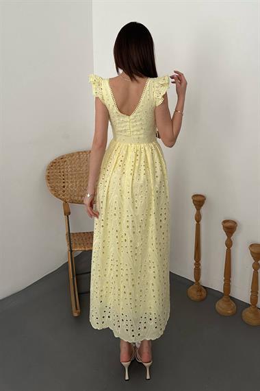 Toptan Sarı Dantelli Brode Elbise