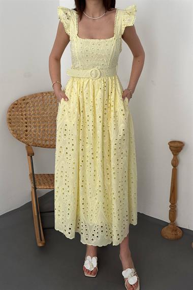 Toptan Sarı Dantelli Brode Elbise