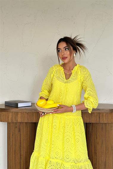 Toptan Sarı Dantelli New Elbise