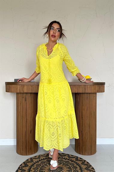 Toptan Sarı Dantelli New Elbise