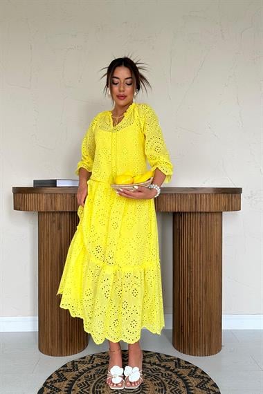 Toptan Sarı Dantelli New Elbise