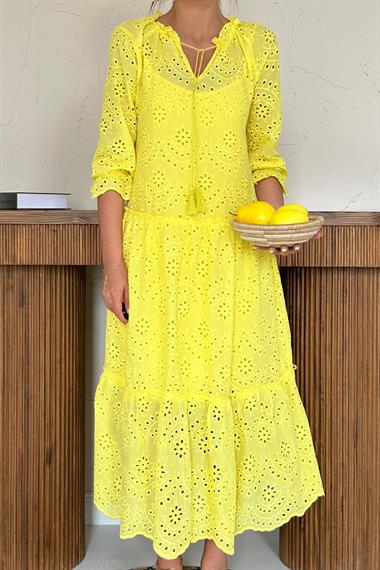 Toptan Sarı Dantelli New Elbise