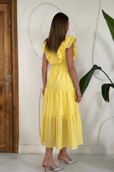 Toptan Sarı Fırfırlı Düğmeli Elbise