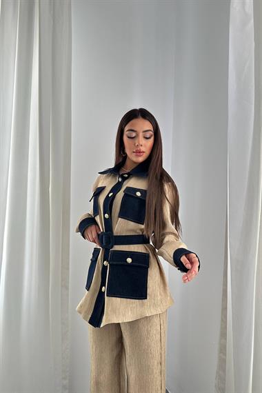 Toptan Sarı Garnili Cepli Gömlek ve Pantolon Takım