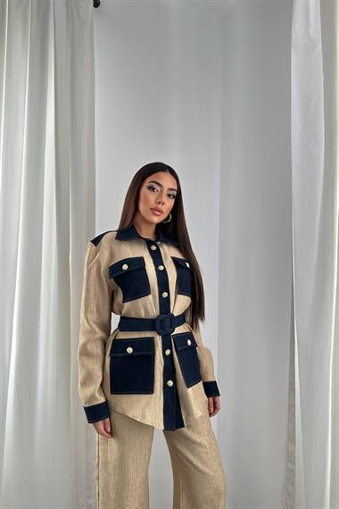 Toptan Sarı Garnili Cepli Gömlek ve Pantolon Takım