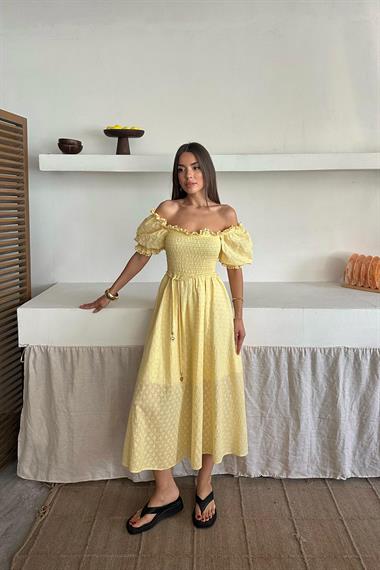 Toptan Sarı Gipeli Brode Elbise