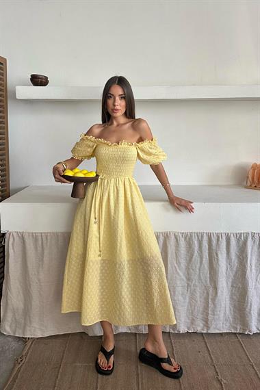 Toptan Sarı Gipeli Brode Elbise