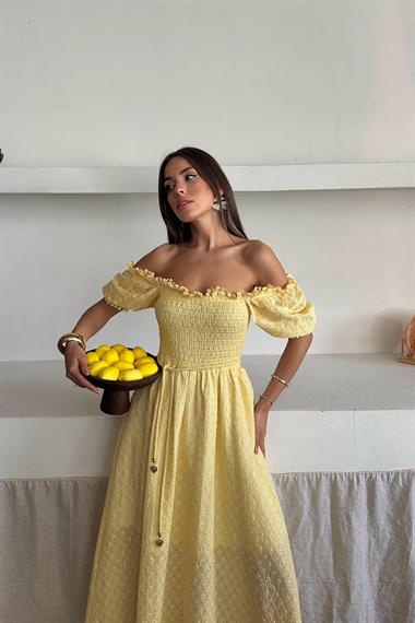 Toptan Sarı Gipeli Brode Elbise