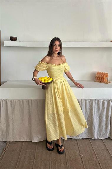 Toptan Sarı Gipeli Brode Elbise