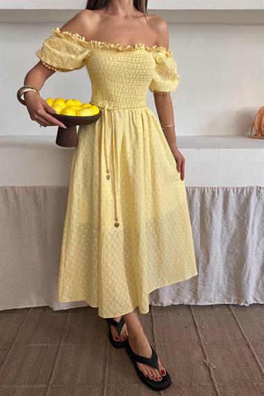 Toptan Sarı Gipeli Brode Elbise