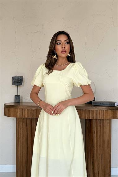 Toptan Sarı Göğüs Büzgülü Elbise