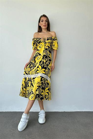 Toptan Sarı Göğüsten Bağlamalı Elbise