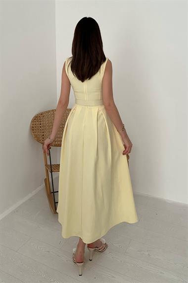 Toptan Sarı Halter Yaka Kloş Elbise