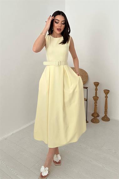 Toptan Sarı Halter Yaka Kloş Elbise
