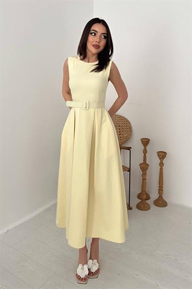 Toptan Sarı Halter Yaka Kloş Elbise