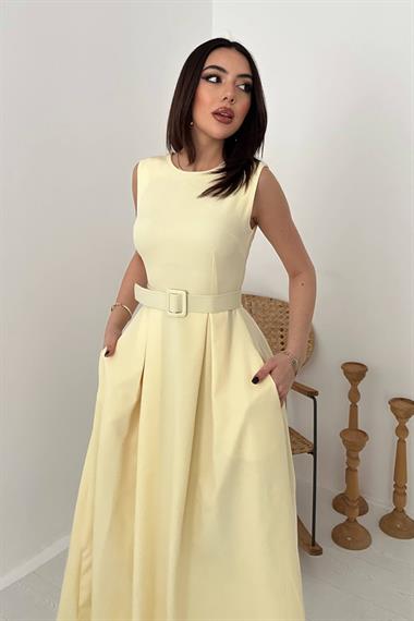 Toptan Sarı Halter Yaka Kloş Elbise