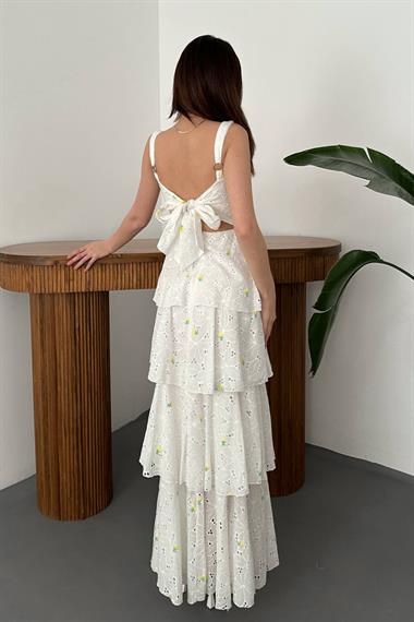 Toptan Sarı Kat Kat Arkası Bağlamalı Elbise