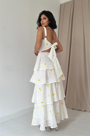 Toptan Sarı Kat Kat Arkası Bağlamalı Elbise