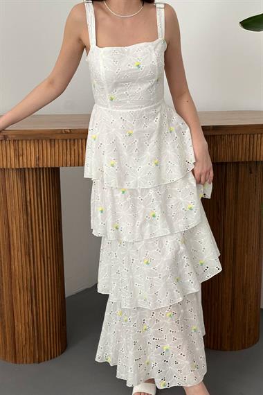 Toptan Sarı Kat Kat Arkası Bağlamalı Elbise