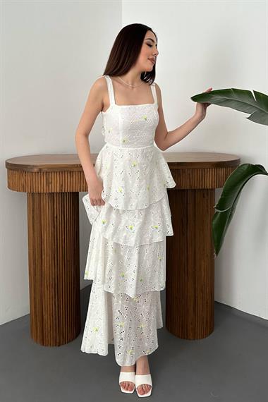 Toptan Sarı Kat Kat Arkası Bağlamalı Elbise