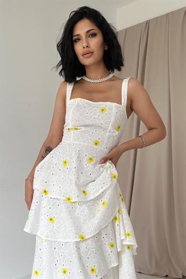 Toptan Sarı Kat Kat Arkası Bağlamalı Elbise