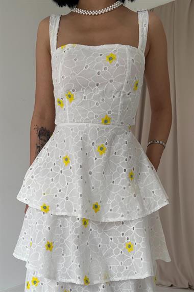 Toptan Sarı Kat Kat Arkası Bağlamalı Elbise