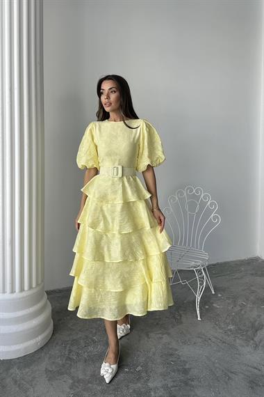 Toptan Sarı Kat Kat Balon Kollu Kemerli Elbise