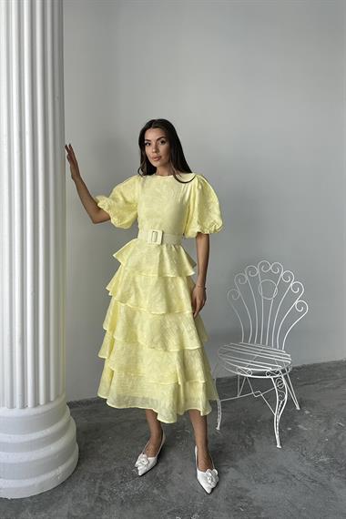 Toptan Sarı Kat Kat Balon Kollu Kemerli Elbise