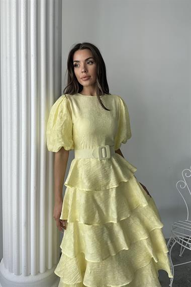 Toptan Sarı Kat Kat Balon Kollu Kemerli Elbise