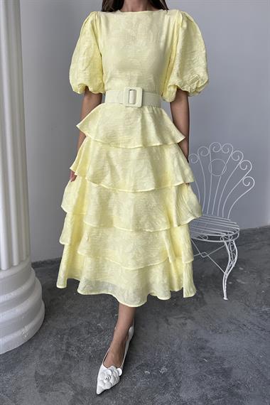 Toptan Sarı Kat Kat Balon Kollu Kemerli Elbise