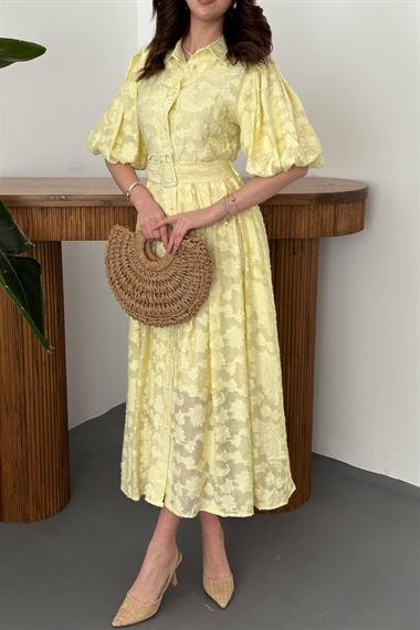 Toptan Sarı Kemerli Balon Kollu Elbise