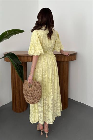 Toptan Sarı Kemerli Balon Kollu Elbise