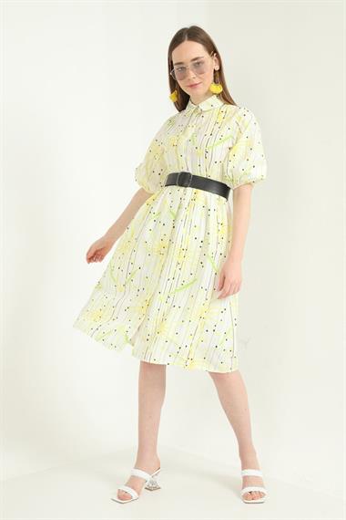 Toptan Sarı Kemerli Gömlek Elbise