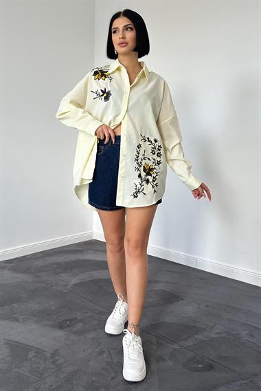 Wholesale Yellow Classic Free Size Striped Poplin Embroidered Shirt