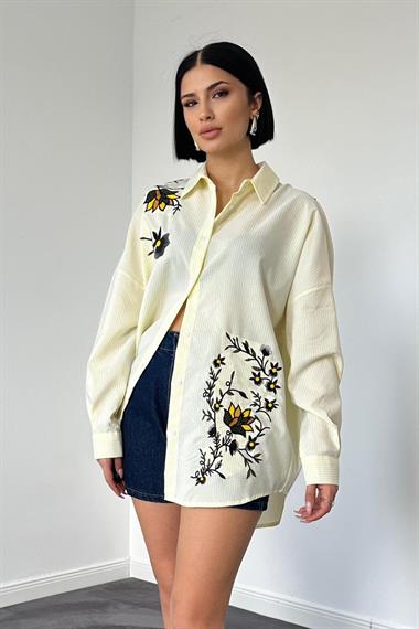 Wholesale Yellow Classic Free Size Striped Poplin Embroidered Shirt