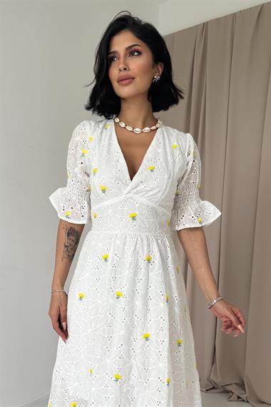 Toptan Sarı Kolu Gipeli Brode Elbise