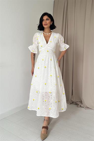 Toptan Sarı Kolu Gipeli Brode Elbise